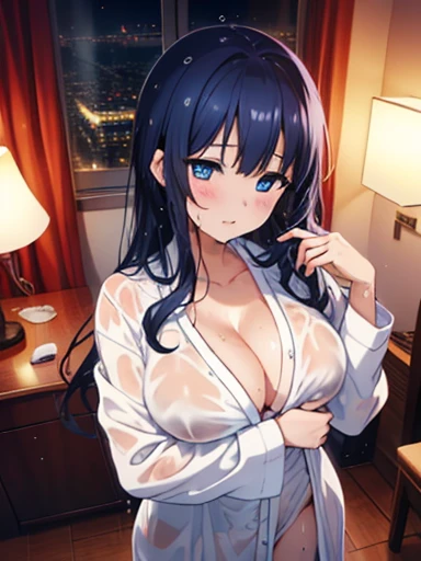 ((Highest quality, High resolution,  Pixel Perfect,  4K)),  (Beautiful Anime Girls), Written boundary depth、
View your audience, 

(Big Breasts:1.3)、 
Long Hair,　(Wet Hair、Sweat)、 
Navy Blue Hair、blue eyes、
 
more, 

Bathrobes、very good、
night、Hotel、night景、(dark:1.2)、Bedroom、
