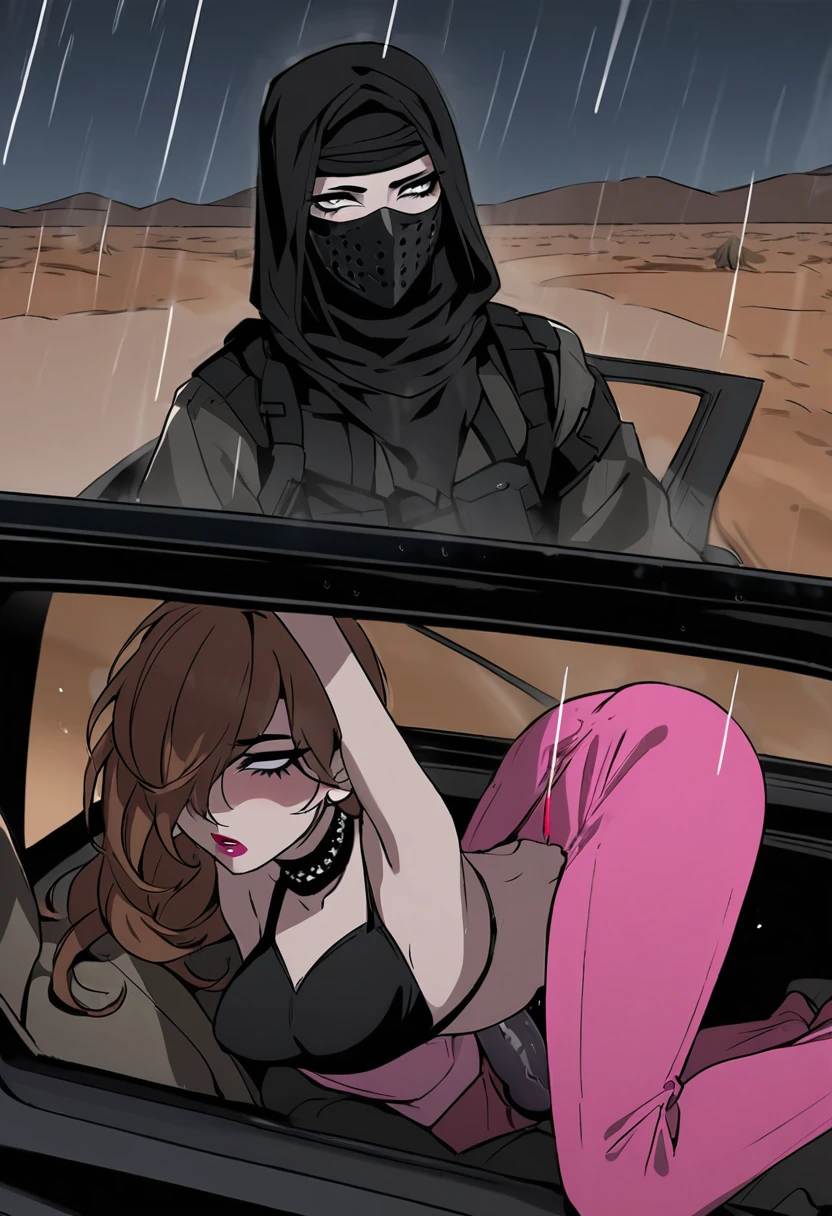 Male arab modern terrorist, terrorist, black balaclava, black bandage, white eyes, black clothes, thin waist, femboy, light skin, makeup, black eyeliner, big eyelashes, black eyeshadow, choker, inside the car, desert, night, rain, hetero duo, 1girl, brown long hair girl, girl without a mask, girl with pink pants, makeup, penis, penis in her pussy, sex