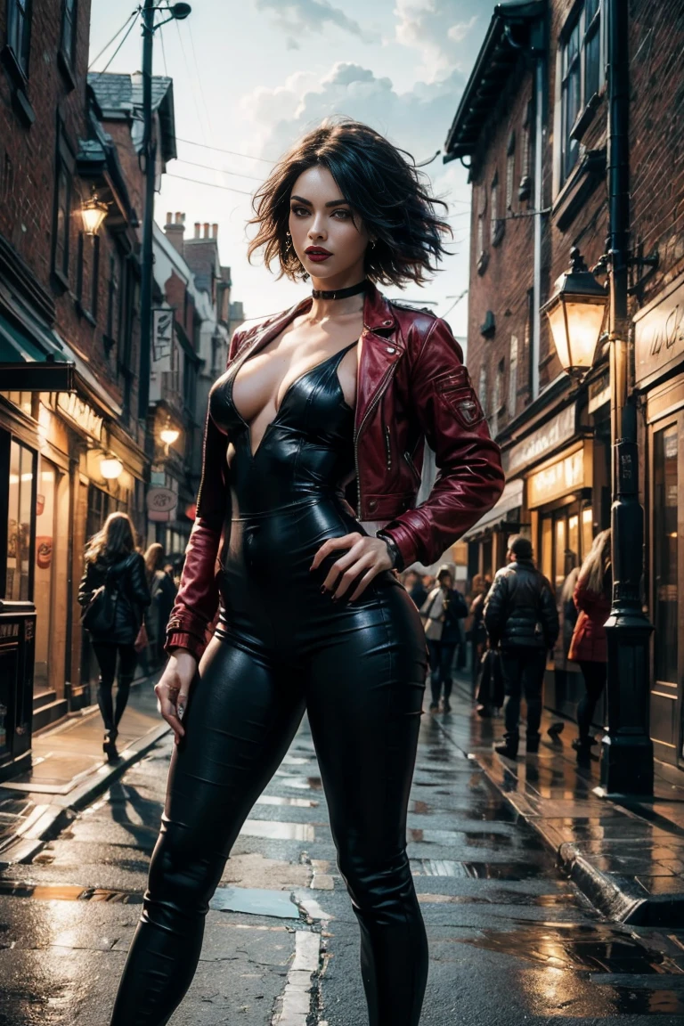 full body, a beautiful  sensual 25-year-old vampire woman with short black hair, pale skin, red lips, full , thin waist, long shapely thighs, muscular athletic body, wearing a red jacket and black tight pants, black sleeveless leotard, hazy Victorian London street at night, front view, dynamic pose, ambient lighting, realistic photo, intricate facial detail, intricate hand details, highly detailed, vivid colors, cinematic, high definition, trendy Artstation