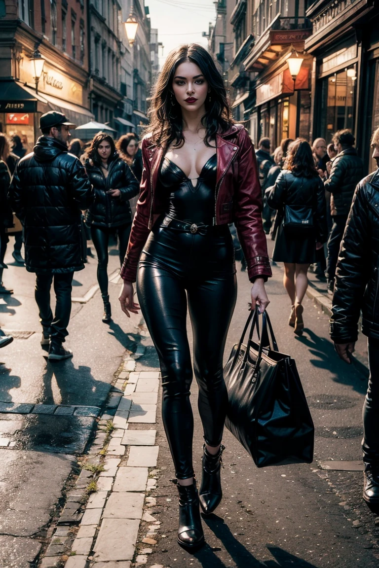 full body, a beautiful sexy sensual 25-year-old vampire woman with short black hair, pale skin, red lips, full breasts, thin waist, long shapely thighs, muscular athletic body, wearing a red jacket and black tight pants, black sleeveless leotard, hazy Victorian London street at night, front view, dynamic pose, ambient lighting, realistic photo, intricate facial detail, intricate hand details, highly detailed, vivid colors, cinematic, high definition, trendy Artstation