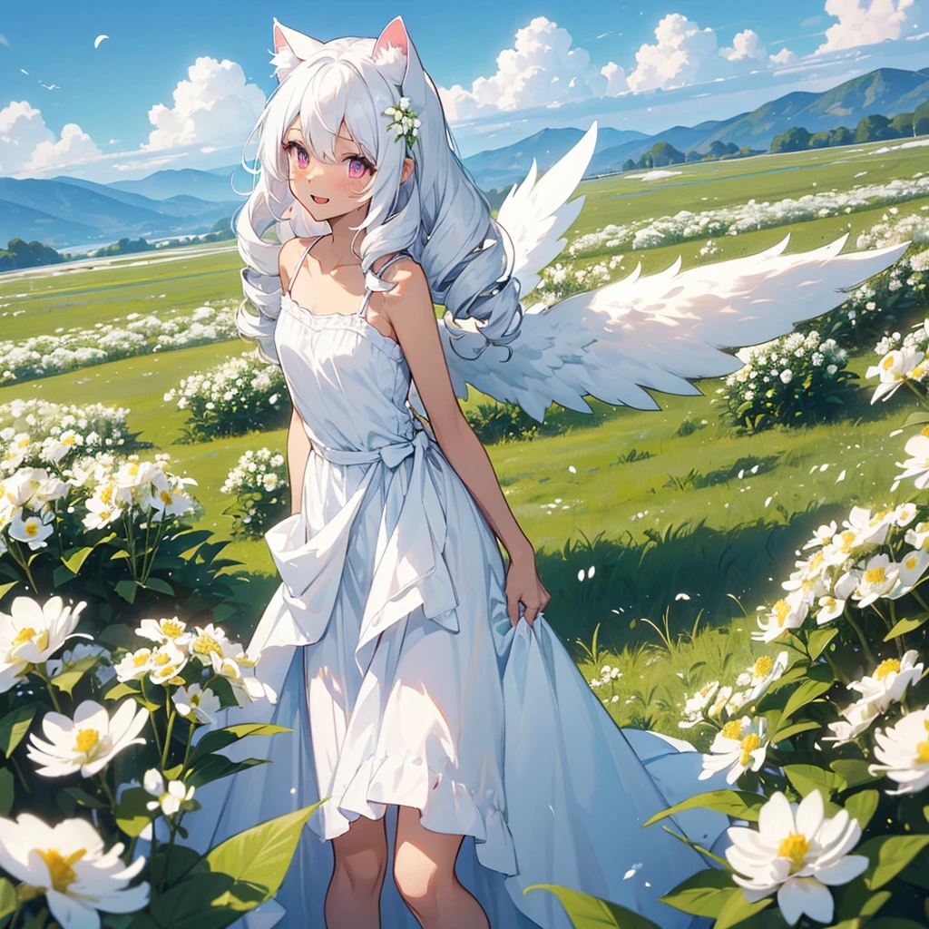 ((One girl)), (Standing diagonally facing forward:1.2), (Slightly bulging chest), (Slightly healthy tanned skin on face), magenta eyes, (mouth open with joy:1.2)
BREAK
(White cat ears:1.2), Inside the cat ears is paw-colored,
BREAK
(Pure white hair:1.6), (Softly curled pure white hair:1.6), (The hair under the cat ears behind the side hair flows forward and curls strongly on the collarbone:1.6), (Other hair is drill-hair divided into several strands:1.5), (Hair is down:1.3), (Hair is on shoulders and weighing down:1.5),
BREAK
(Pure white wings on upper body:1.2), (straight wings:1.3), (small wings:1.8),
BREAK
(simple dress made entirely of white:1.5), (dress with slightly exposed shoulders:1.1), (waist tied with string:1.3), (plenty of gathers below the waist:1.4), (dress reaches the knees:1.6), dress has no decoration, petticoat is white or absent,
BREAK
(wide green grassland:1.6), (lots of white flowers:1.6), (wide clear blue sky:1.4)