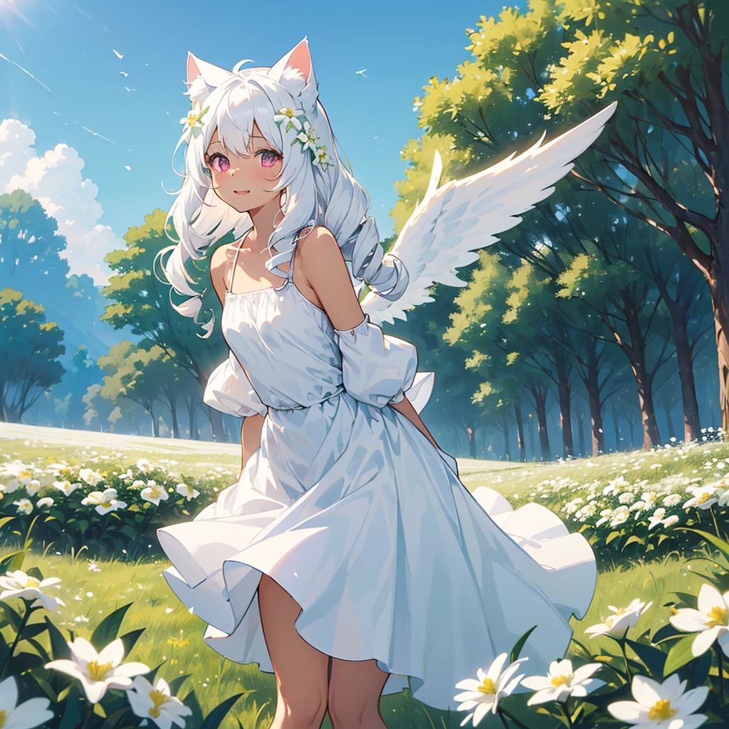 ((One girl)), (Standing diagonally facing forward:1.2), (Slightly bulging chest), (Slightly healthy tanned skin on face), magenta eyes, (mouth open with joy:1.2)
BREAK
(White cat ears:1.2), Inside the cat ears is paw-colored,
BREAK
(Pure white hair:1.6), (Softly curled pure white hair:1.6), (The hair under the cat ears behind the side hair flows forward and curls strongly on the collarbone:1.6), (Other hair is drill-hair divided into several strands:1.5), (Hair is down:1.3), (Hair is on shoulders and weighing down:1.5),
BREAK
(Pure white wings on upper body:1.2), (straight wings:1.3), (small wings:1.8),
BREAK
(simple dress made entirely of white:1.5), (dress with slightly exposed shoulders:1.1), (waist tied with string:1.3), (plenty of gathers below the waist:1.4), (dress reaches the knees:1.6), dress has no decoration, petticoat is white or absent,
BREAK
(wide green grassland:1.6), (lots of white flowers:1.6), (wide clear blue sky:1.4)