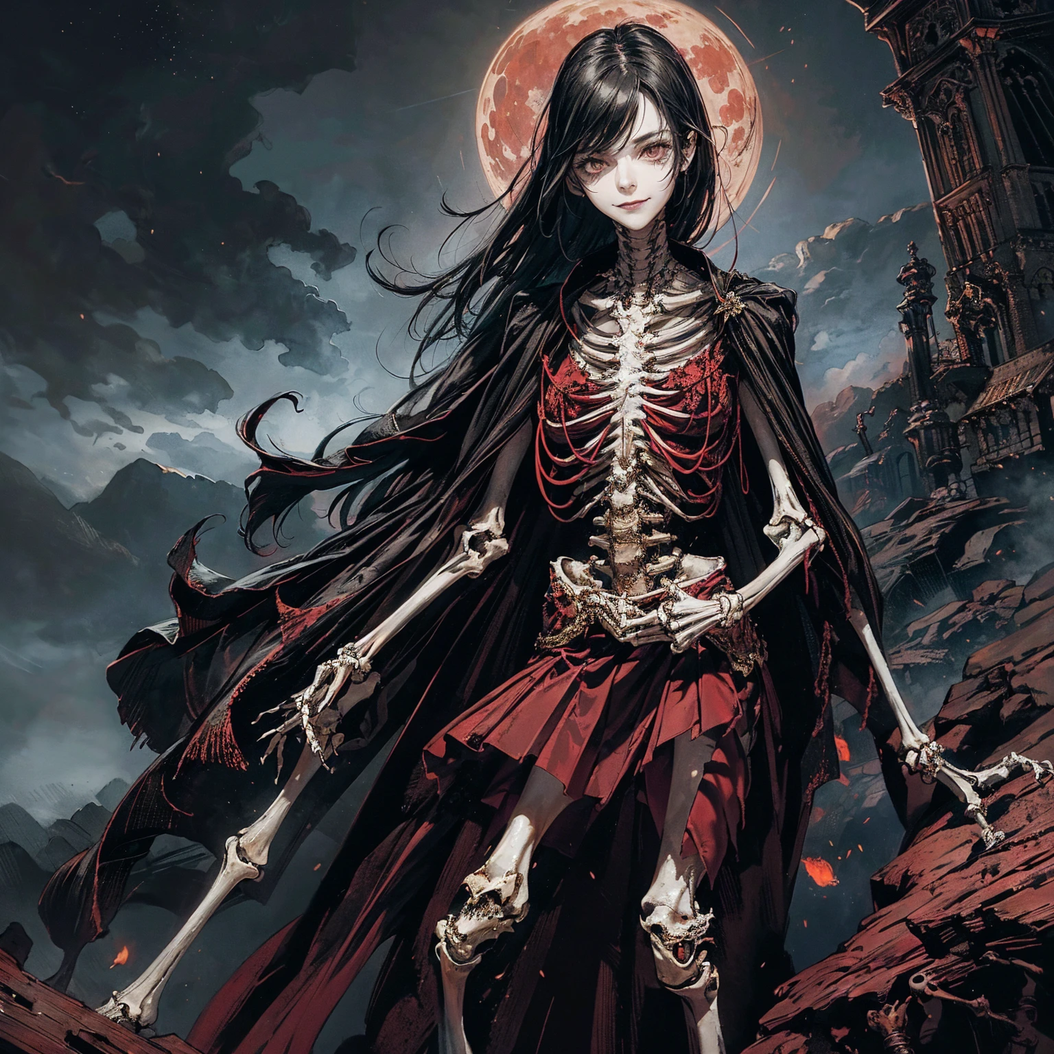 best quality, 4K, high resolution, masterpiece:1.2, Very detailed, actual:1.37, Mood lighting, An undead girl in a long cape, Whole body including hands & arms & legs & feet are all skeleton bones but except the head is still beautiful human face, Wearing a ragged gothic skirt, Aloofness emotion, Dangerous sneer, Beautiful but cruel smile, Black Hair, Standing, Facing the camera, Crucified, Pitch black sky, Blood-red moon, strange atmosphere, Gothic style, Unforgettable beauty, Dramatic shadows, Ethereal Light, Mysterious atmosphere.