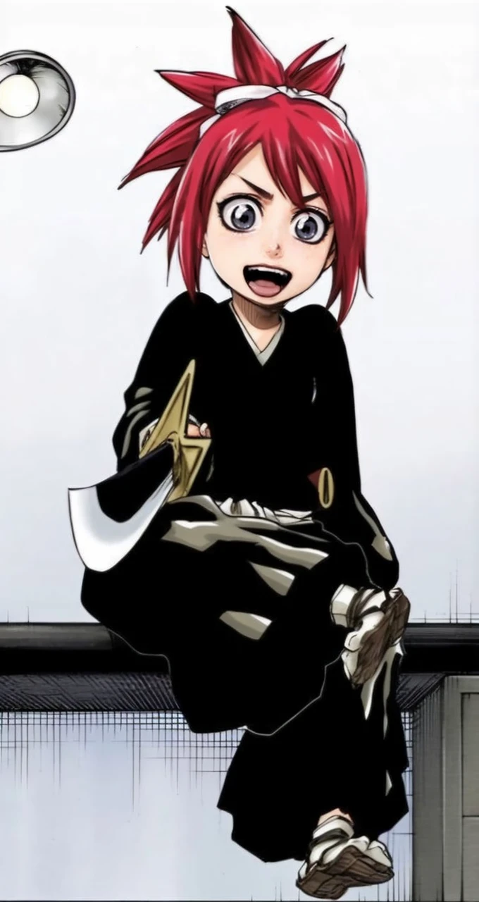 Abarai_Ichika, , eyes black, red hair tied into a spiky ponytail, in a naruto anime setting, with anime features, anime image, qualidade hd.
