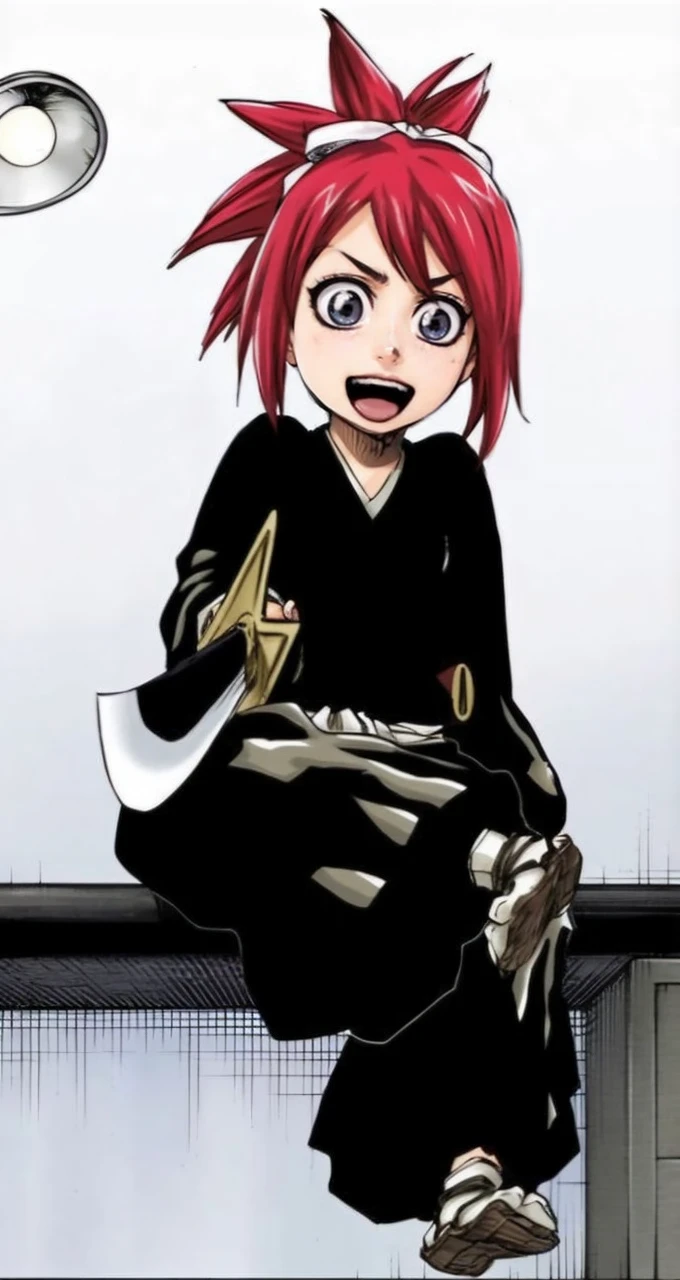 Abarai_Ichika, twelve years old, eyes black, red hair tied into a spiky ponytail, in a naruto anime setting, with anime features, anime image, qualidade hd.