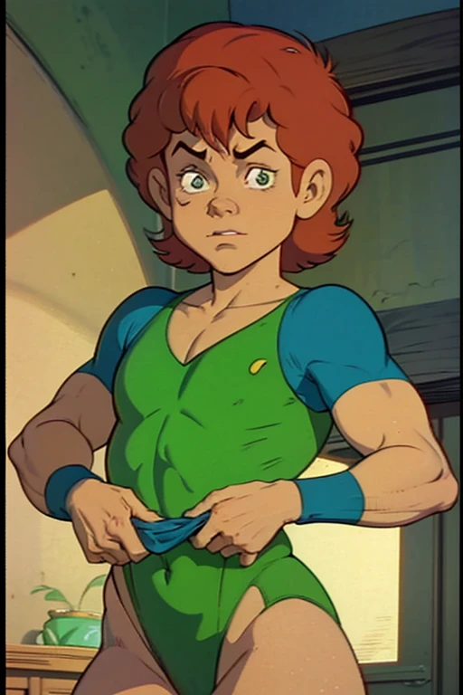 a redhead cartoon character dressed in a green leotard, very muscular, a young male wizard, 1980s cartoon, animated episode still, Presto (((mad)))