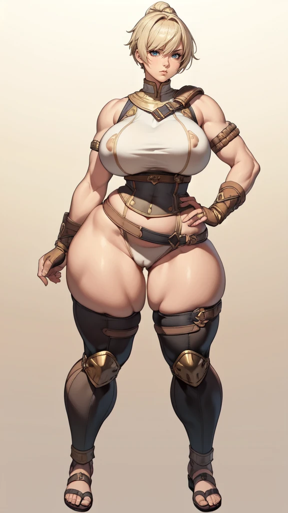 (masterpiece), best quality, female warrior, huge girl, female muscular:1.2, shoulder armor, pauldron, (((blank background))), ((full body)), fingerless gloves, sandals, sleeveless, covered nipples, ((buzzcut hairstyle)), golden hair, hair over eyes, (wide hips:1.6), thick thighs:1.7, ((camel toe)), (underboobs),