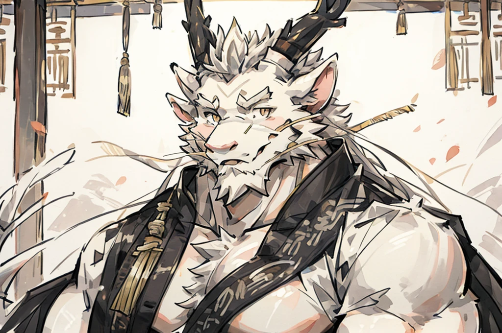 (white eastern dragon),furry,white mustache,big pecs,hearty males,muscular,black imperial robe,naked,adult,traditional_chinese_room,head portrait,hypnosis