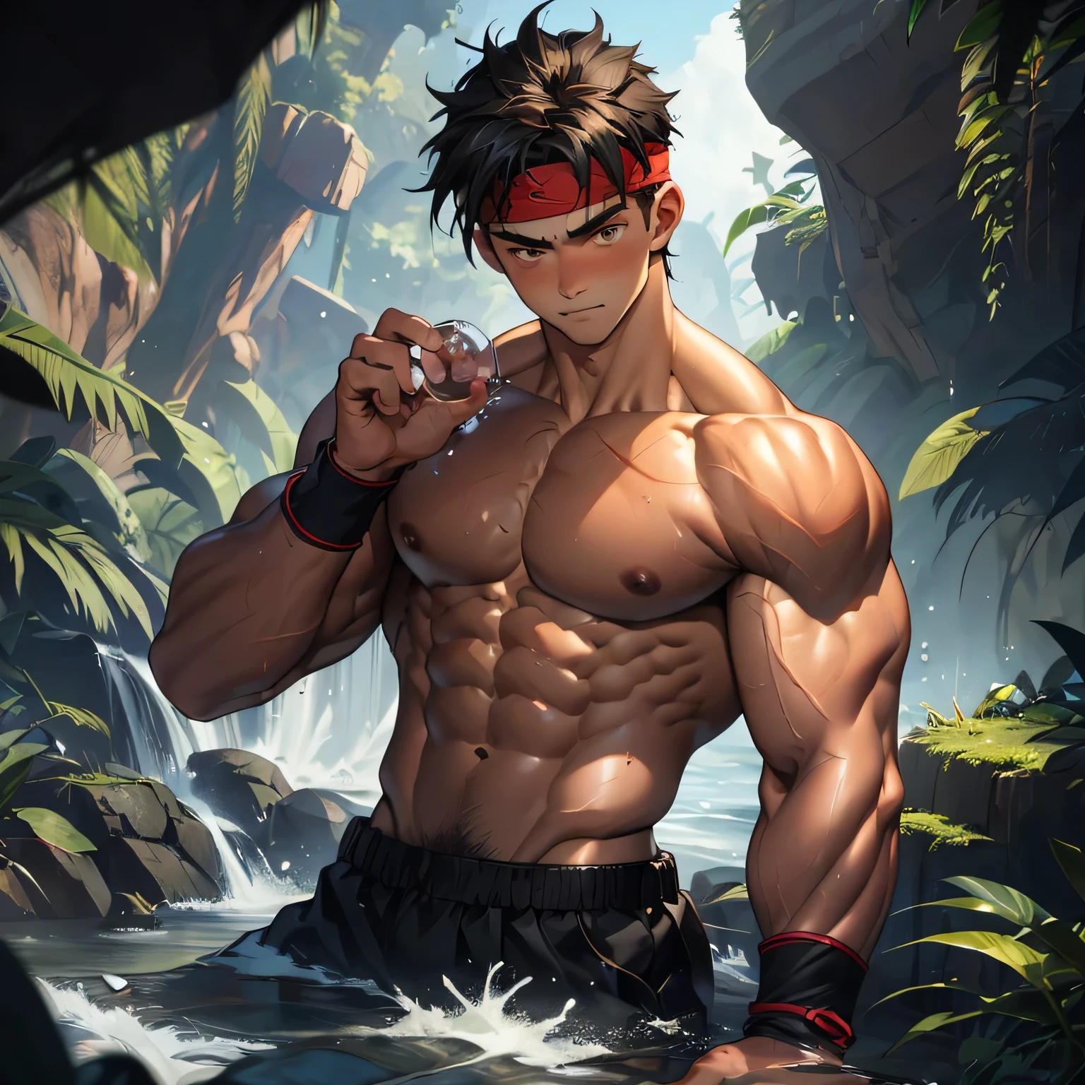 ((masterpiece)), ((best quality)), (ultra-detailed), (((((in the cave, deep night))))), (8k, ultra-detailed, 17 year old boy, worm eyes, black background), Young boy, muscler, Shirtless, ((((solo, fullbodyesbian, flesh boy, tough boy, reliable boy, developed body, kung fu fighter, blue aura effect, water particles, holding water energy ball)))), (Dark Short straight hair, ((almost completely shaved hair)), under cut, brown eyes), (red headband, ((black wristband)), leather belt), Vivid colors, ((hot Abs, abs!, big abs, big breast, chest!, muscler upper arms)), muscler!, muscler body, detailed face, detailed muscle, (((rippling muscles)))