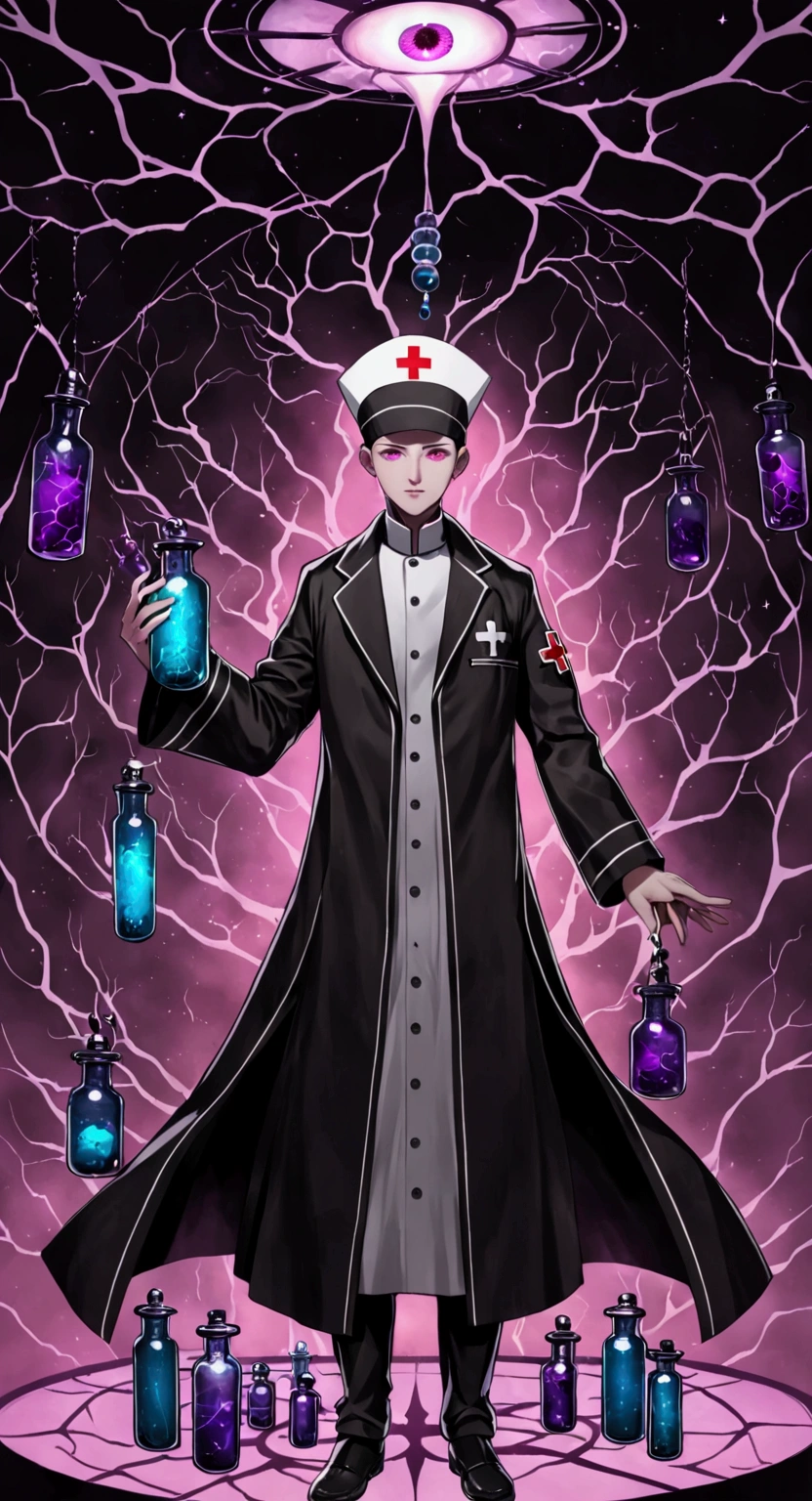 (((Lord Nether,short))),(((Robe:1.6,Eye Diagram,Dark Patterns))).(((Nurse hat,Infusion bottle equipment))),whole body,Death Gaze Background。Body movements, vial,a lot,Floating