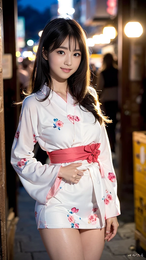 masterpiece, Highest quality,16K, Ultra-high resolution,The light and shadow of reality,((Enjoying a summer night festival in a long-sleeved pink floral yukata)),((The whole body is shown)),((Very skinny)),((Very slim and long beautiful thighs)),((Very slim and long beautiful calves)),((High nose、Small Mouth)),((Clean and slim face line)),((Big dark eyes with long eyelashes)),((Very small face))((Very slim and beautiful arms)),((She is very slim and has a great figure)),((Pure white beautiful skin)),((Cute Japanese Girls)),(Beautiful Eyes:1.1),Reflecting clear eyes and a gentle smile,