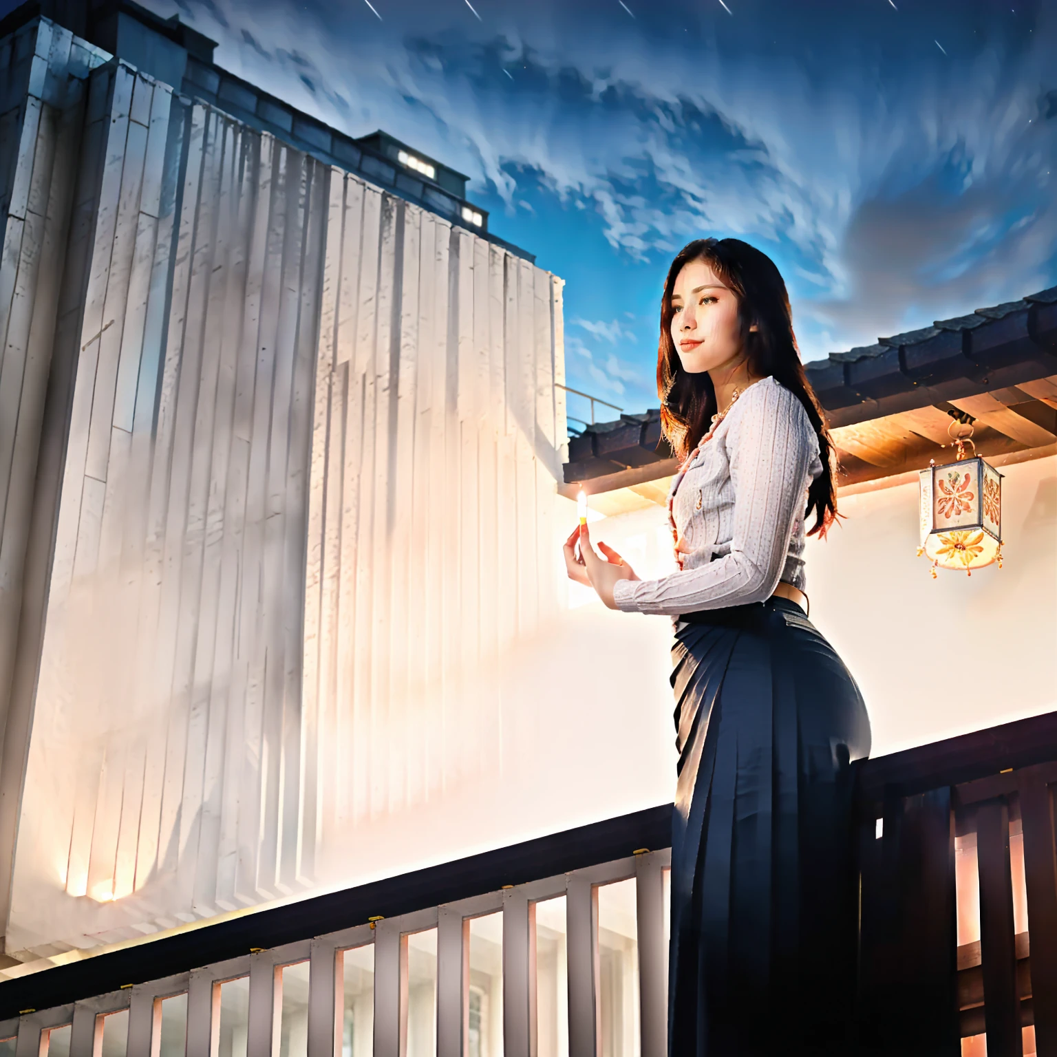 Burmese beautiful woman, 1 girl, solo, pretty lady MoonLay, innocent cute smile, cute and pretty face, red lips, (stylishly standing and leaning against the balcony wall:1.5), (seductively gazing up to the sky:1.5), (night:1.5), smooth face skin, traditional beauty, cinematic portrait glow lighting, acmm ss outfit, wearing acmm top, (white shirt:1.3), long sleeves, wearing acmm long skirt, (red long skirt:1.3), stiletto high heel, (full body portrait side view:2), (two story building rooftop balcony with vibrant colorful hanging lanterns with small townscape background:1.5), (cinematic bokeh blur background:1.5), cinematic lighting, perfect anatomy,
