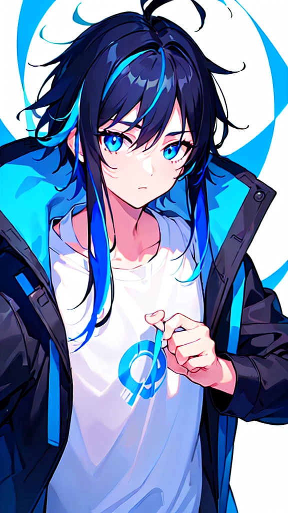 [(WHITE BACKGROUND:1.5),::5], ((((masterpiece)))), high quality, ultra very high resolution, full color, (((solo))), ((little boy)), BLACK hair, ((Blue streaked hair)), (oriental deepblue eyes), anime, ((upper body)), Summer clothes, neon light, black parka,