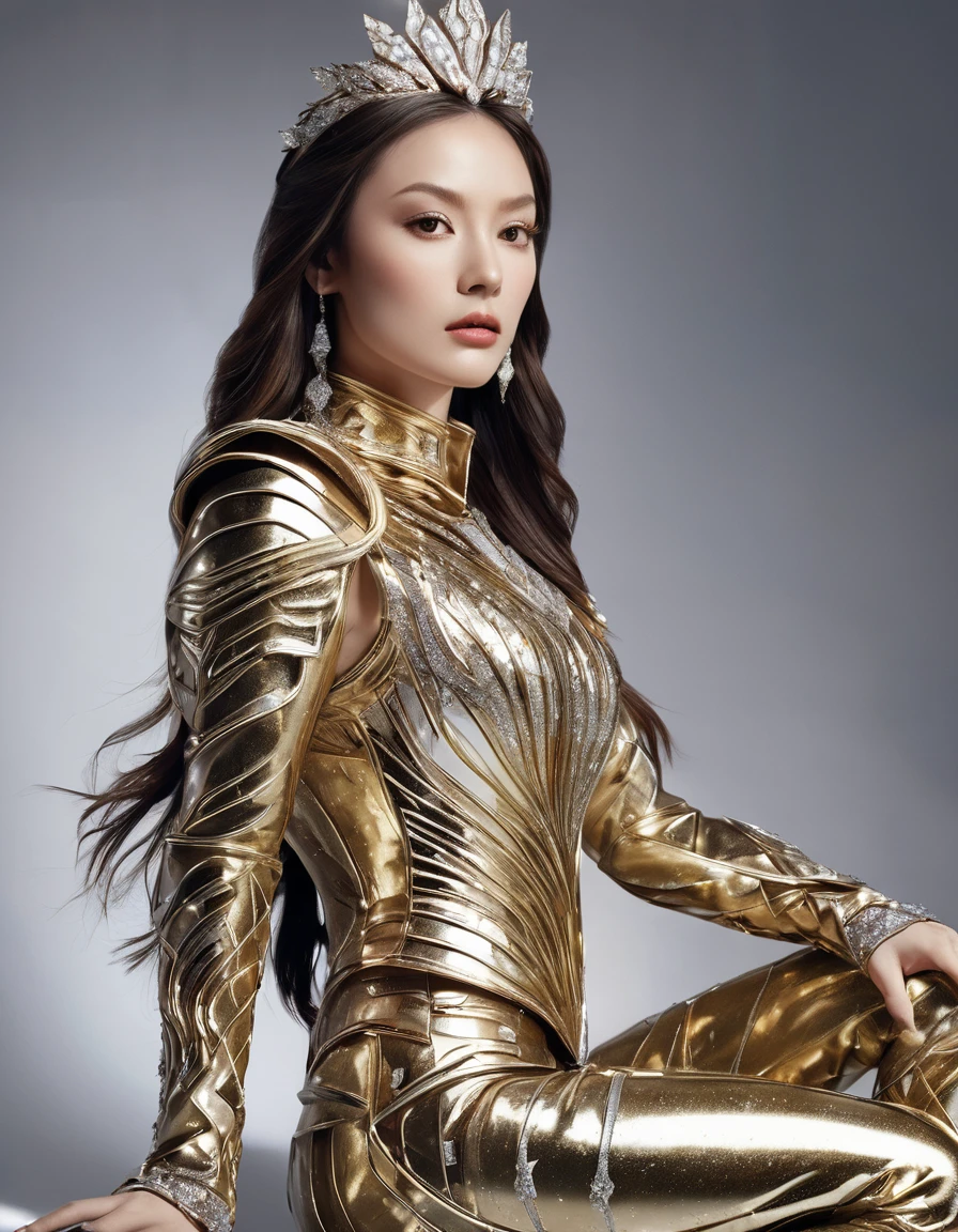 A breathtaking woman, adorned in golden metal armor crafted from glass and embellished with an array of tiny diamonds and crystals, each refracting light in a dazzling spectacle. The armor features intricate silver stripes running down the back, showcasing her regal posture. With long, brown hair, she poses for a series of photographs, her intense gaze locked onto the viewer. The background, a pristine expanse of fair light, serves as a stark contrast, accentuating her million-follower status, embodying the essence of an Instagram profile.