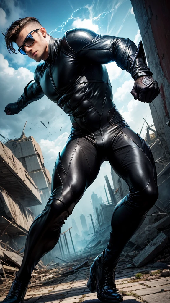 (masterpiece, Best image quality),One Man, A hero wearing a black leather suit, (Dynamic pose | Element Surround:1.2), Low angle view, Very detailed, Ruins of the battle, intense, Outdoor, wise, Glasses