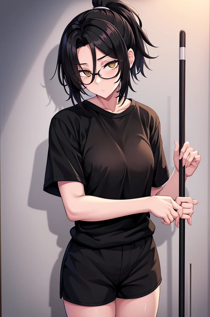 woman, hair over one eye, golden eyes, Tomboy, standing, black sweatshorts, white shirt, looking at viewer, black short hair with a ponytail, bedroom, round glasses, bags under eyes, tired, solo, using a crutch, disabled, leaning on wall