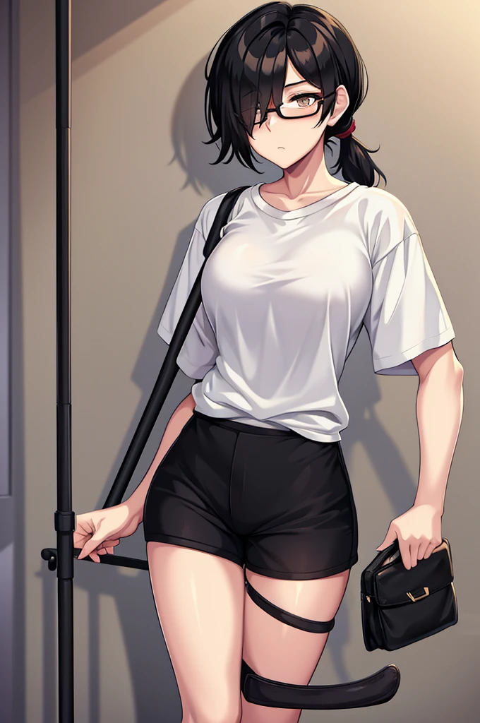 woman, hair over one eye, golden eyes, Tomboy, standing, black sweatshorts, white shirt, looking at viewer, black short hair with a ponytail, bedroom, round glasses, bags under eyes, tired, solo, using a crutch, disabled, leaning on wall