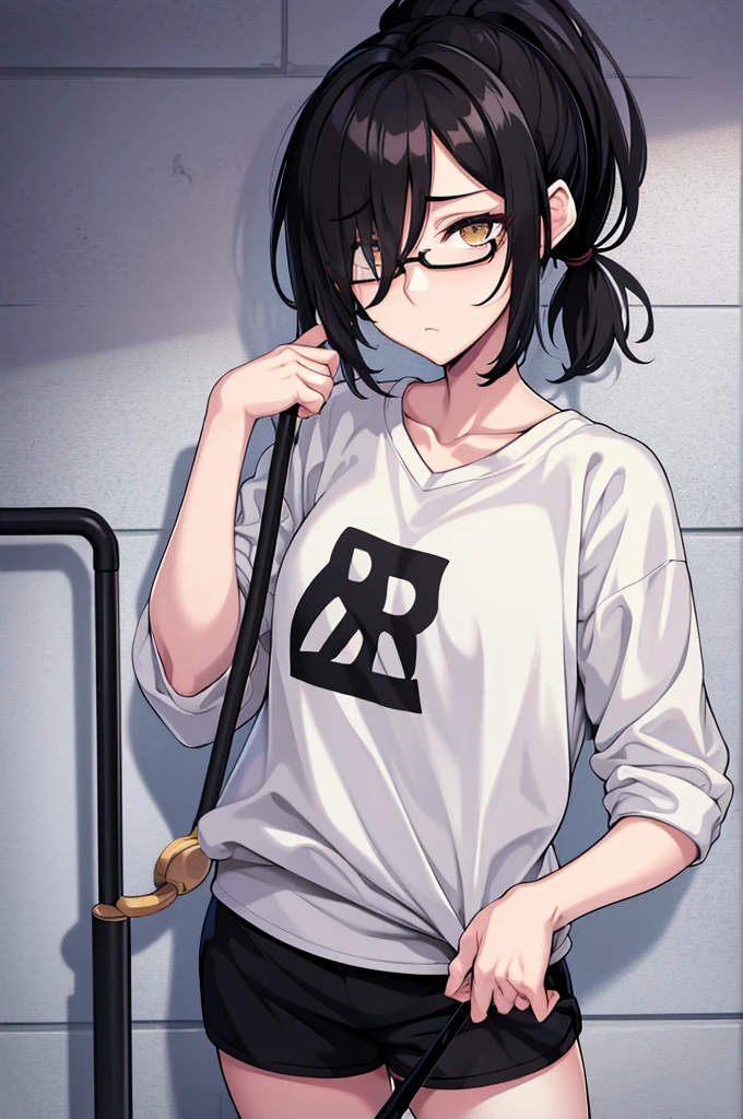 woman, hair over one eye, golden eyes, Tomboy, standing, black sweatshorts, white shirt, looking at viewer, black short hair with a ponytail, bedroom, round glasses, bags under eyes, tired, solo, using a crutch, disabled, leaning on wall