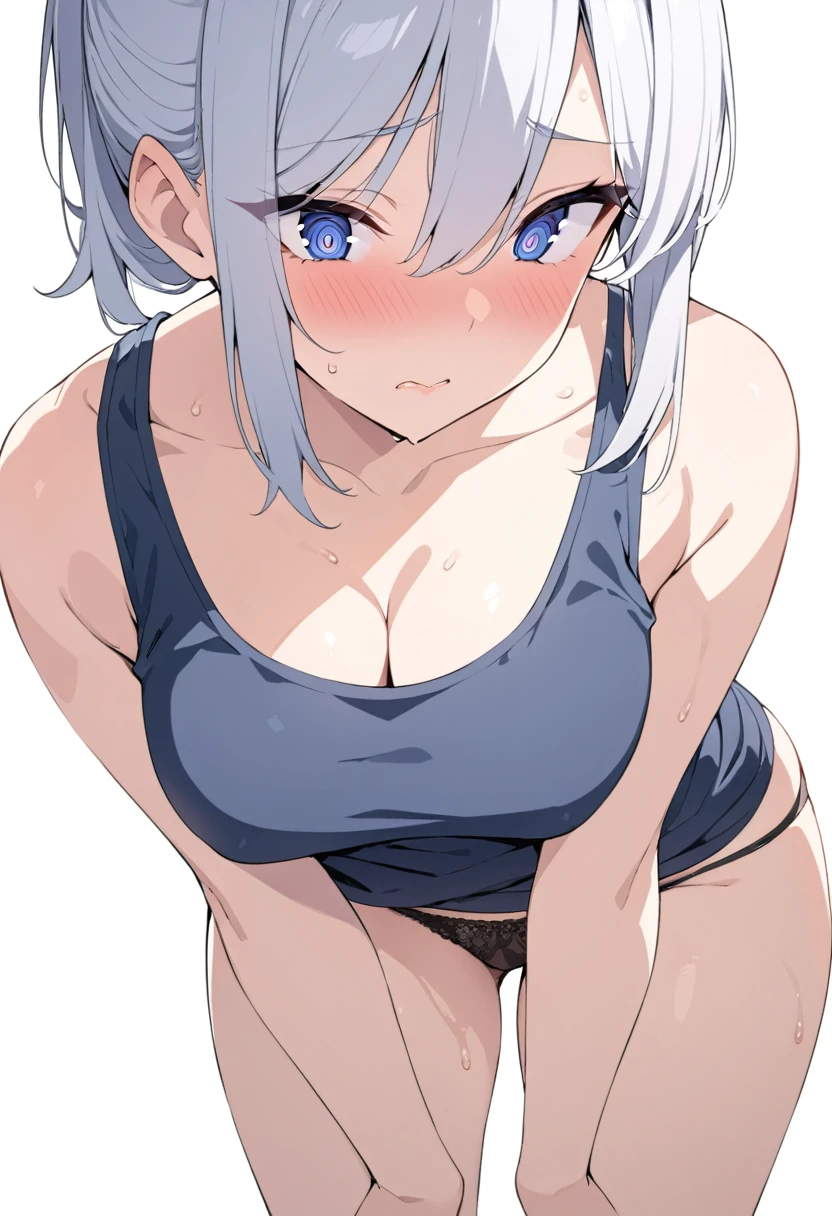 masterpiece, High resolution, perfect face, Japan beauties, 30 years old, beautiful face, white simple background, embarrassed look, look at me, (top quality eyes), detailed texture, Look at me, Married woman, cool women, ((high resolution eyes)), hentai, panty, tank top