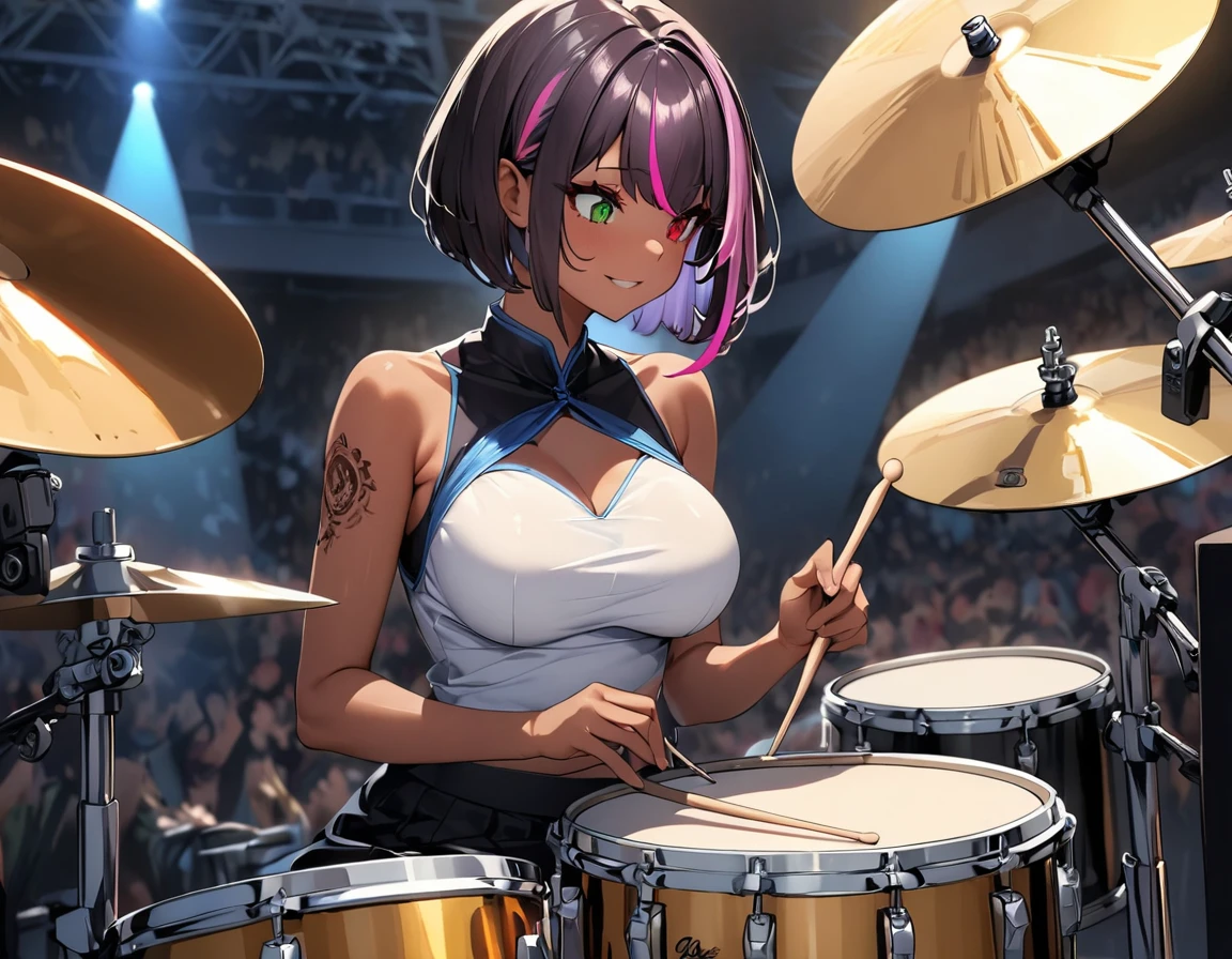 (highest quality:1.2, Very detailed, up to date, Vibrant, Ultra-high resolution, High Contrast, masterpiece:1.2, highest quality, Best aesthetics), girl, (独奏), slim, ((drummer:1.8)), heterrochromia, green eye, red eye, Passionate performance、stage、Bright colors、Beautiful fine details、Beautiful lip detail、extra short hair, ((bob cut:1.5))、pink and purple ((streaked hair:1.9)), (highlights hair: 1.6), middium breast, (tan skin:1), Concert Light、Edgy Style、colorful Cheongsam, (no sleeve:1)、Dynamic Movement、hypnotic sounds, (girl playing a drum set,drum performance,drums,Drumstick,sitting:1.2), (The drum set includes Bass Drum, Floor tom, Snare drum, Rack tom, Hi-hat, Crash cymbal, Ride cymbal:1.3))), sitting drum chair in drum sets, holding drumstickes on both hand, Stadium、amplifier、Loud music、,Sparkling stage、Concert atmosphere、Music Festival、Full of emotion、Rock star attitude、Resolute expression、Avid Fan、The presence of an attractive stage、 Expressive gestures、Rock star aura、An exciting atmosphere、An unforgettable show, (Floral Fineline tattoo design on right arm:1), side view