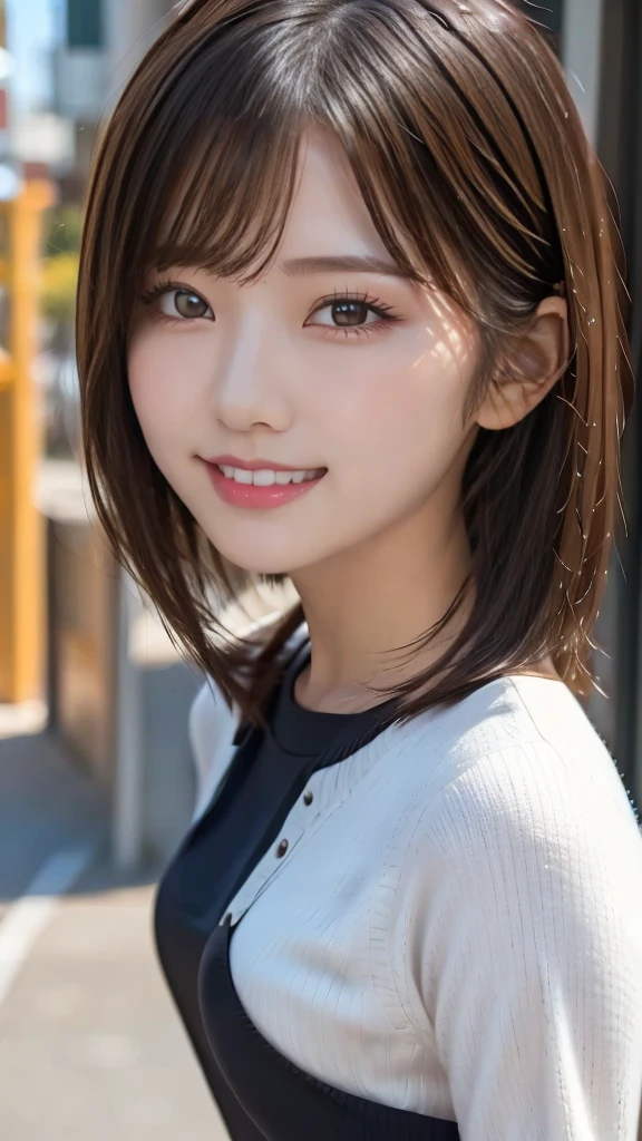 One girl, Half sleeve t-shirt, wide slax, short hair, 20-year-old Japanese, beautiful, cute face, pretty face, neat, smiling, 8-head body, height 165cm, weight 48kg, bust 83cm, waist 60cm, hips 82cm, Small breathts, Living in Hiroshima City, A college student aspiring to become a model, (((full body))), full face