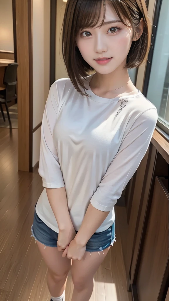 One girl, Half sleeve t-shirt, wide slax, short hair, 20-year-old Japanese, beautiful, cute face, pretty face, neat, smiling, 8-head body, height 165cm, weight 48kg, bust 83cm, waist 60cm, hips 82cm, Small breathts, Living in Hiroshima City, A college student aspiring to become a model, (((full body))), full face