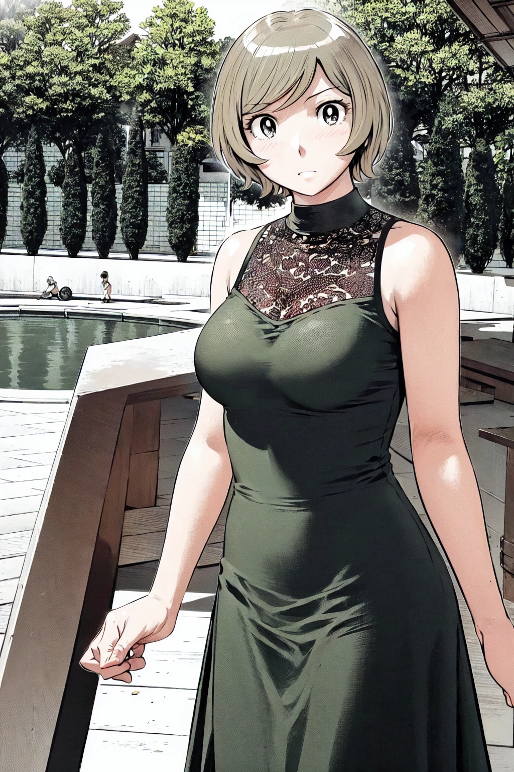、(masterpiece、Highest quality)、Highest quality, Ultra-high resolution, (((masterpiece))), alone, Sweat、Big eyes, Sleeveless、Outdoor、Floral Dress、Composition from the front、（後ろCut your hair short、short hair、blonde、woman）、Shortcuts、Embarrassed face、Cut your hair short、可愛いwomanの子、Big Breasts、Browsing Caution