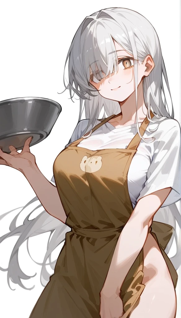 a beautiful girl with long white hair, grey hair accents, and kawaii features, with visible eyes partially covered by bangs, large breasts, yellow slanted eyes, long bangs covering one eyes, (wearing a plain loose t-shirt, no trousers) wearing a brown apron, posing with a soft smile (Pose with both one hands on the thighs) The left hand tray contains a bowl of soupagainst a white background with the right eye visible Beautiful perfect eyes Eye color yellow But the apron is a little loose (Pose right hand holding a pan, left hand under the thigh