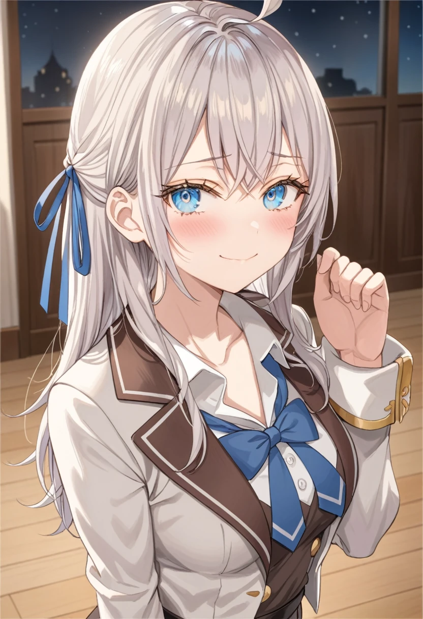 ultra-detailed, 8k, Beautiful Face, One girl, Alisa Mikhailovna Kujo,Tomorrow, my friend, Arya-san, will be visiting Russia.,alone, ((Anime style background)),masterpiece, Highest quality, (Brighten your face), so beautiful,Latest, Complex details, Long Hair, Eyebrows visible through hair, Hair between the eyes, Silver Hair, Hair Ribbon, blue eyes, Colorful eyes, Shining Eyes, Medium chest, ,Long sleeve, Jacket,
View your viewers, Upper Body, Dutch Angle,Mouth closed, Close one eye, A light smile,
Highest quality, so beautiful, Absurd,