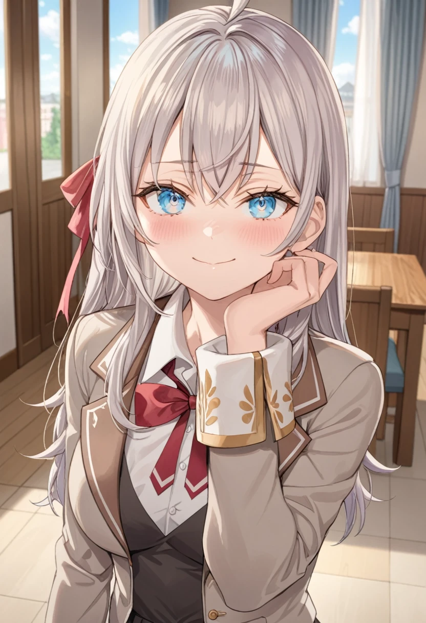 ultra-detailed, 8k, Beautiful Face, One girl, Alisa Mikhailovna Kujo,Tomorrow, my friend, Arya-san, will be visiting Russia.,alone, ((Anime style background)),masterpiece, Highest quality, (Brighten your face), so beautiful,Latest, Complex details, Long Hair, Eyebrows visible through hair, Hair between the eyes, Silver Hair, Hair Ribbon, blue eyes, Colorful eyes, Shining Eyes, Medium chest, ,Long sleeve, Jacket,
View your viewers, Upper Body, Dutch Angle,Mouth closed, Close one eye, A light smile,
Highest quality, so beautiful, Absurd,