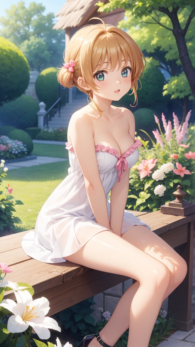 masterpiece, best quality, highres, 1girl, detailed face, blush, anime CG style, (medium breasts), (18 year old girl:1.3), (aged up), good lighting, perfect body, sakura kinomoto, glossy lips, looking at viewer, garden, strapless minidress, sitting, heels, cleavage