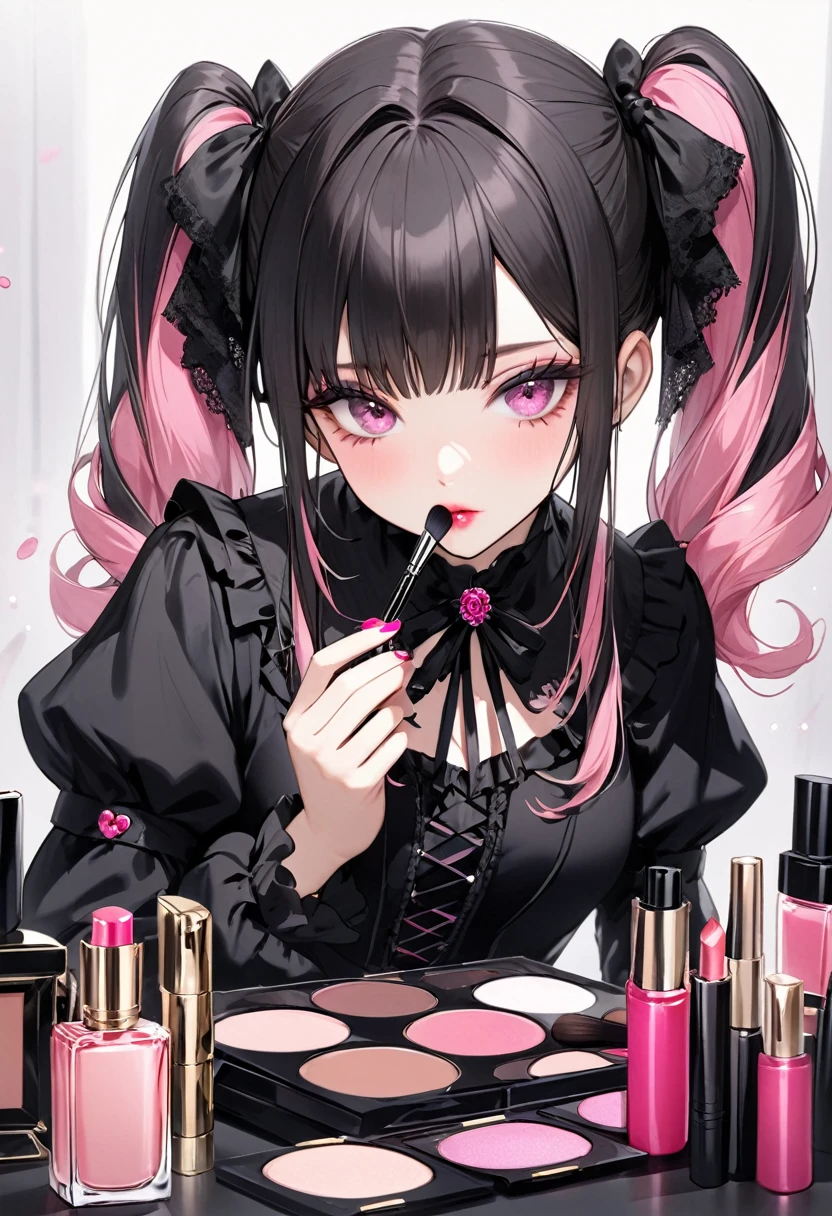 A beautiful girl with pink twin tails, pink eyes, 1 person, putting on makeup, holding lip gloss in hand, lots of cosmetics and perfume on the table, a beautiful girl in black gothic lolita clothes putting on makeup, putting on makeup
