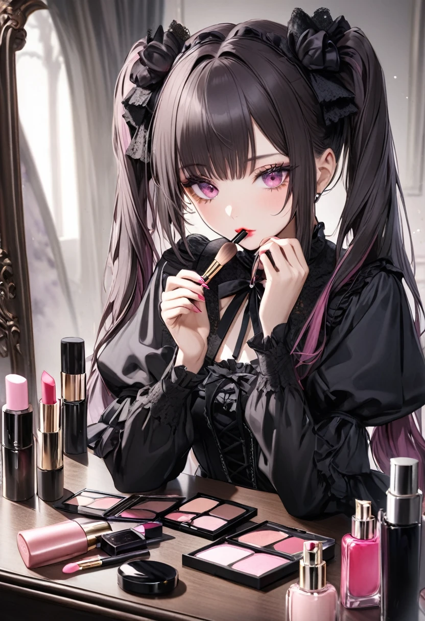 A beautiful girl with pink twin tails, pink eyes, 1 person, putting on makeup, holding lip gloss in hand, lots of cosmetics and perfume on the table, a beautiful girl in black gothic lolita clothes putting on makeup, putting on makeup
