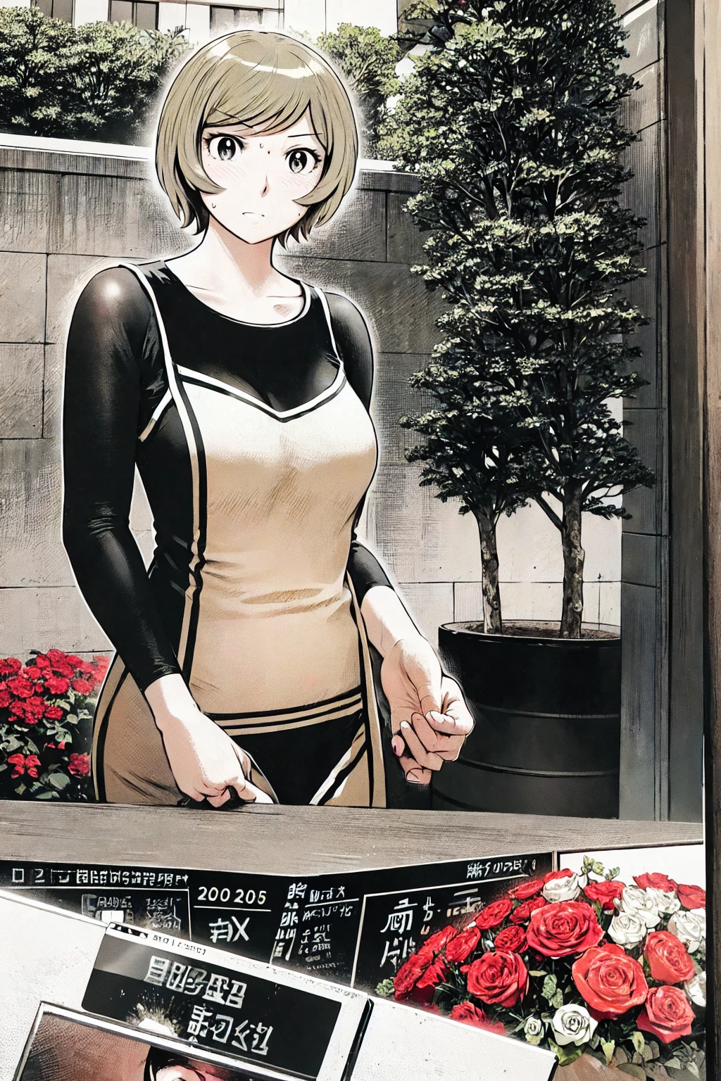 、(masterpiece、Highest quality)、Highest quality, Ultra-high resolution, (((masterpiece))), alone, Sweat、Big eyes, Sleeveless、Outdoor、Floral Dress、Composition from the front、(後ろCut your hair short、short hair、blonde、woman)、Shortcuts、Embarrassed face、Cut your hair short、可愛いwomanの子、Big Breasts、Browsing Caution