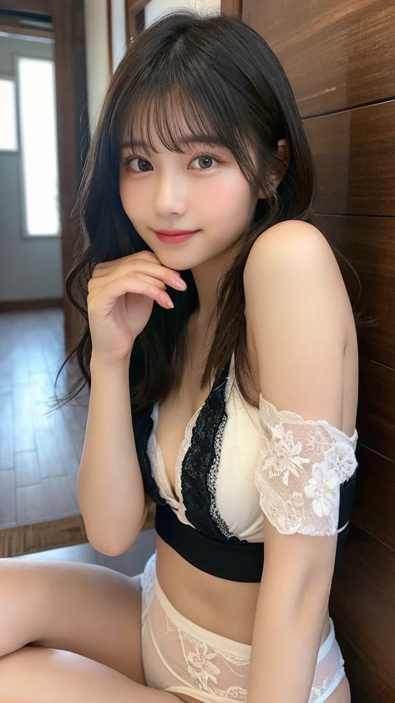 （最high quality：1.3）、Dress neatly、Sitting angle、（Real：1.5）、（1 person：1.5）、Very detailed、high quality、High resolution、8K Wallpaper、Perfect dynamic composition、Natural color lips、Cute Smile、Japanese women、、Beautiful and exquisiteな顔、Perfect and beautiful face、Beautiful and exquisite、Big eyes、Brunette's eyes、Beautiful and exquisiteな顔、Perfect and beautiful double eyelids、Natural Bangs、Beautiful and thin nose、Beautiful Skin、Black natural hair、Long Hair、Natural Bangs、Perfect and beautiful face、Slim face and figure、（looking at the camera）、Bright lighting、Professional Lighting、Shoulder-length layers、Asymmetrical bangs、Japanese Idols、Sophisticated、Mid-chest、Waist-down angle、white lace bikini、white lace bikini