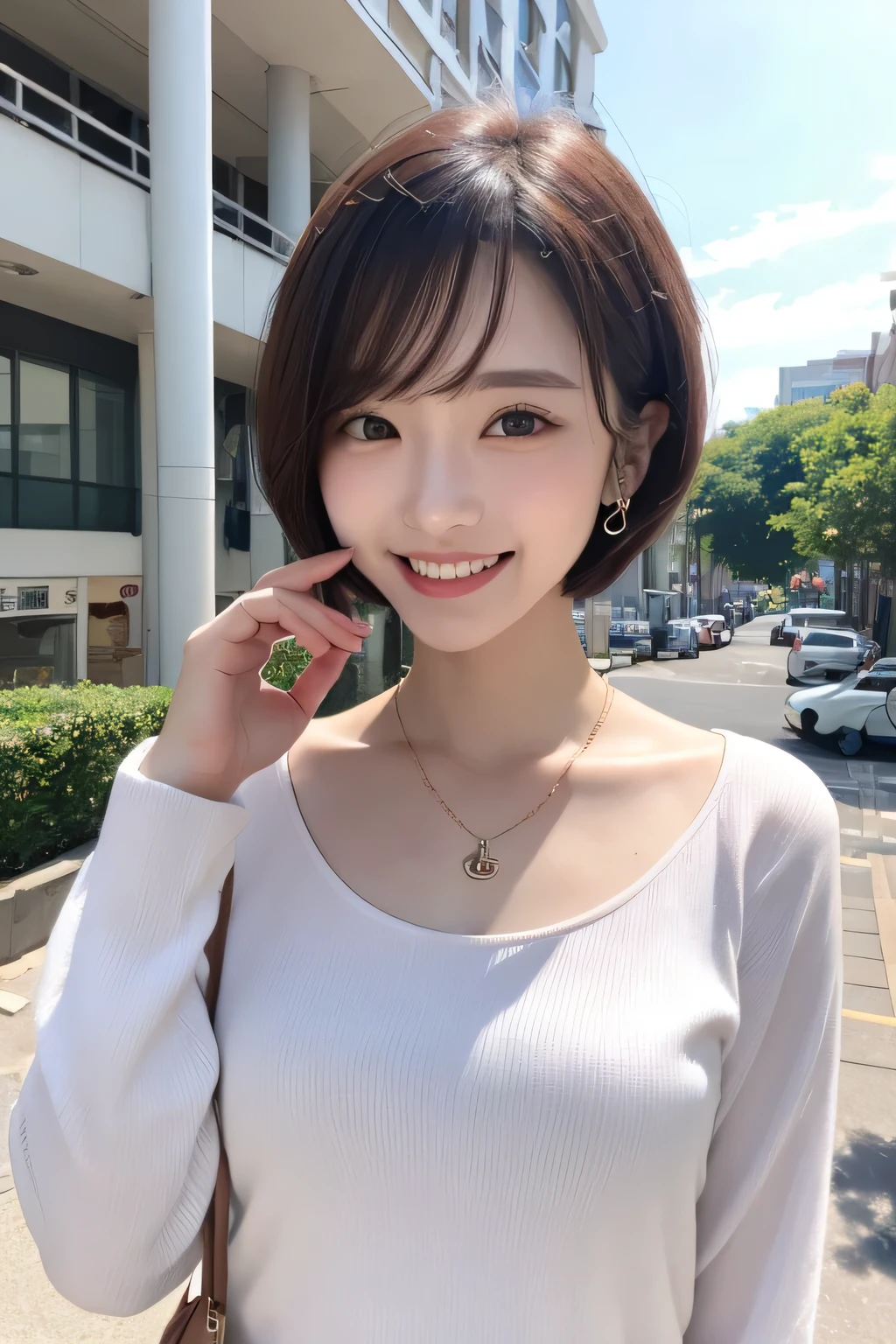 Highest quality, ,smile、Beautiful teeth alignment、Short Haircut、Long sleeve blouse、ear piercing、necklace, , Face Focus、The background is the building's corridor.