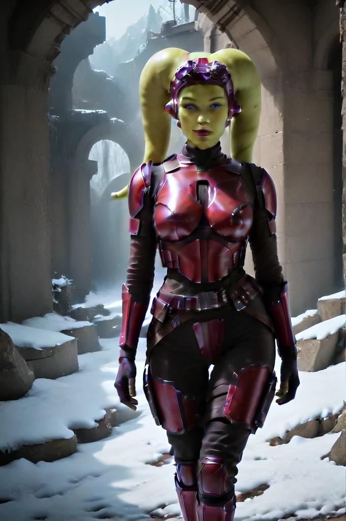 a ((fall body)) (((hera syndulla))) ((green skin )) ((female twi'lek ))mandalorian,walking on snow coverd ruins , ((green fire eyes )) , beautiful detailed eyes, beautiful detailed lips, extremely detailed face, long eyelashes, mandalorian armor, sci-fi, cinematic lighting, dramatic, epic, intricate details, hyper-realistic, 8k, high-quality, photorealistic