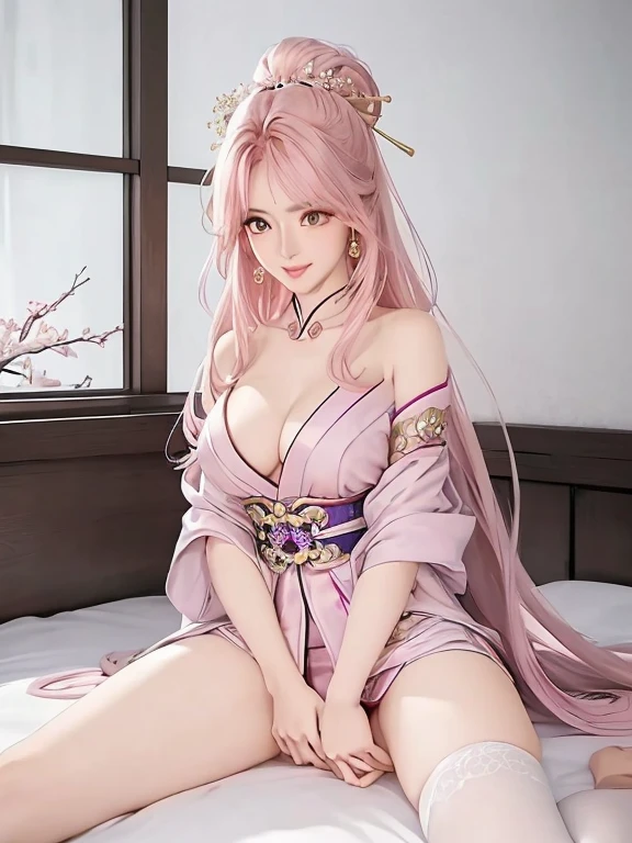 animated style, (masterpiece:1.35),(Best Quality:1.4), 8k,ultra detailed, Photography, (ultrarealistic:1.4), film grain, Fujifilm XT3, depth of field, feminine focus, mature woman, (sexy asian woman:1.45), (front photo)!!, adult, (looking at the viewer)!!, bare shoulders, blush, seductive smile, Red lips, separate sleeves, earrings, nails, hair between the eyes, Bangs Hair, (pink hair)!!, very long hair, Detailed realistic hair, symmetrical hair ornament, japanese clothes, kimono clothing, detailed realistic clothing, jewelry, purple gemstone, detailed jewelry, garter on the neck, collar, plump breasts, (chest neckline)!!, super seductive temptation, open skirt, petticoat, (network legs)!!, shackles, smooth thighs neckline, open legs, Straddle, legs up, thin legs, garter thighs, open crotch, armpit, Erotic, Yae Mico no tradicional, detailed eyes, (bright eye pupils:1.25)!!, (sharp colored eyes)!!!, (homochromatic eyes)!!, Cherry Blossom, side locks, (lie down in the bed)!!, window with flower, (having sex)!!, grab torso, climax together, ORGASM, (race)!!, (1 girl, having sex, 1 man, pen, Pussy:1.3), (grab torso)!!, Yae Mico \(genshin impact\), (correct anatomically)!!,