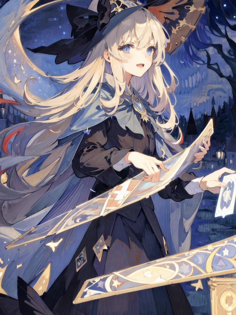 ((masterpiece:1.2, best quality)), 1girl, solo, (witch hat), blonde hair, long hair, dress, aurora, night, star (sky), gloves, sky, white dress, night sky, open mouth, starry sky, blue eyes, ribbon, very long hair, red dress, smile, hair ribbon, cape, blue hair, (bird), magic, casting spell, dark clouds, night, (impressionism:1.4), (tarot:1.3), alphonse mucha,