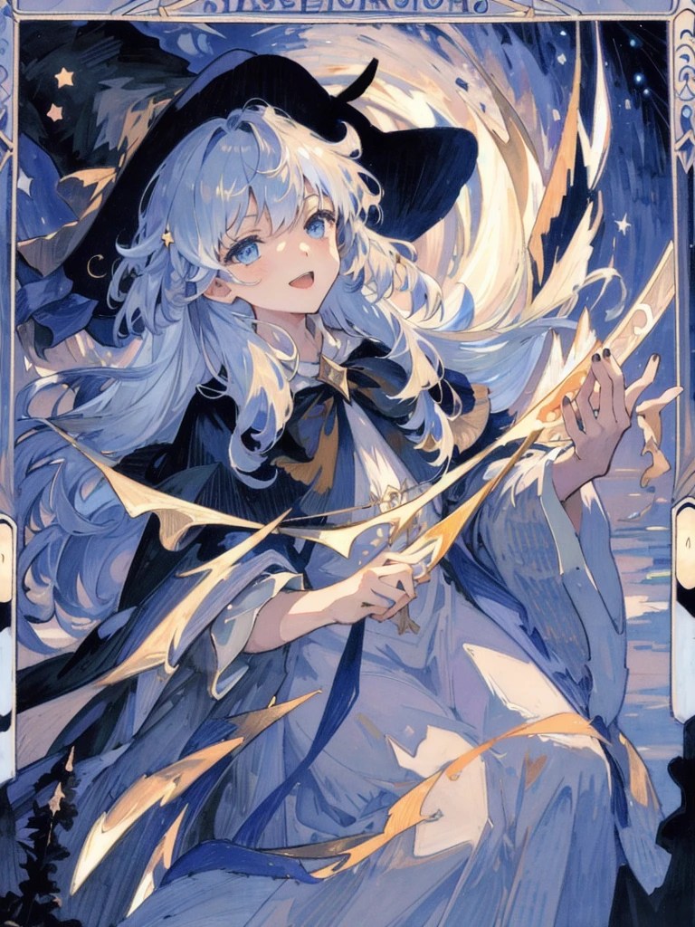 ((masterpiece:1.2, best quality)), 1girl, solo, (witch hat), blonde hair, long hair, dress, aurora, night, star (sky), gloves, sky, white dress, night sky, open mouth, starry sky, blue eyes, ribbon, very long hair, red dress, smile, hair ribbon, cape, blue hair, (bird), magic, casting spell, dark clouds, night, (impressionism:1.4), (tarot:1.3), alphonse mucha,