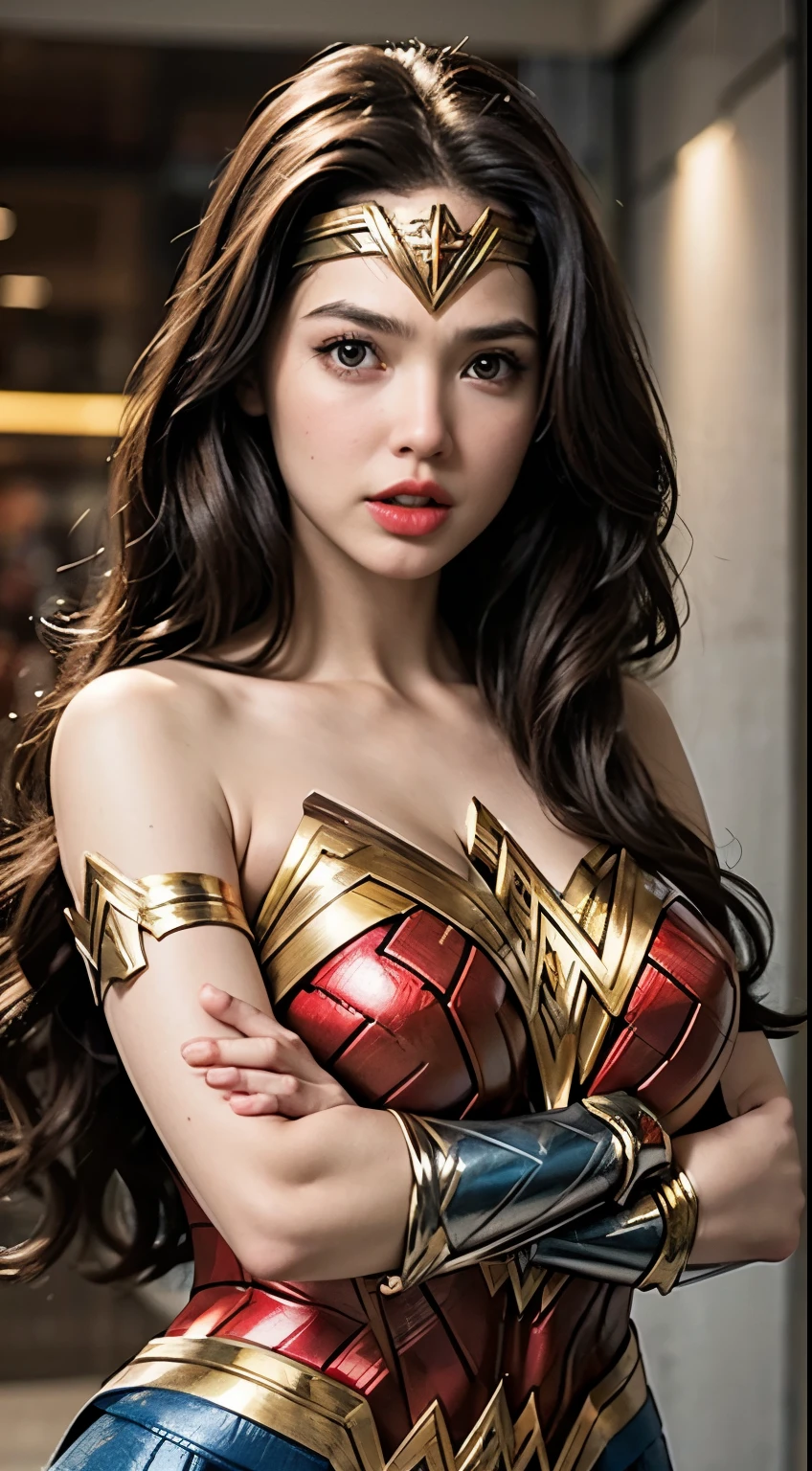 (Wearing Wonder Woman Costume), Very cute and baby-like face, Power puff girl, Naked, Angry pose, Angry face, (((BROWN HAIR MALAY GIRL))), masutepiece, High quality, UHD 45K, Realistic face, Realistic skin feeling , A Japanese Lady, 8 years old, , Very cute and baby-like face, (((BIG BREAST))), (MATRIX WORLD), ((look In front at the camera and SADNESS)), with Kamen Rider fashion, ((RED GOLD WONDER WOMAN COSTUME)), captured in ultra high resolution with photorealistic and beautiful lighting. This masterpiece is of the best quality and is set against a zentangle, (((CUTE GIRL))), ((RED LIPS)), ((NUDE)), ((CHUBBY)), ((WONDER WOMAN)). Malay girl wearing Red Gold Wonder Woman Costume in the Street City Building.