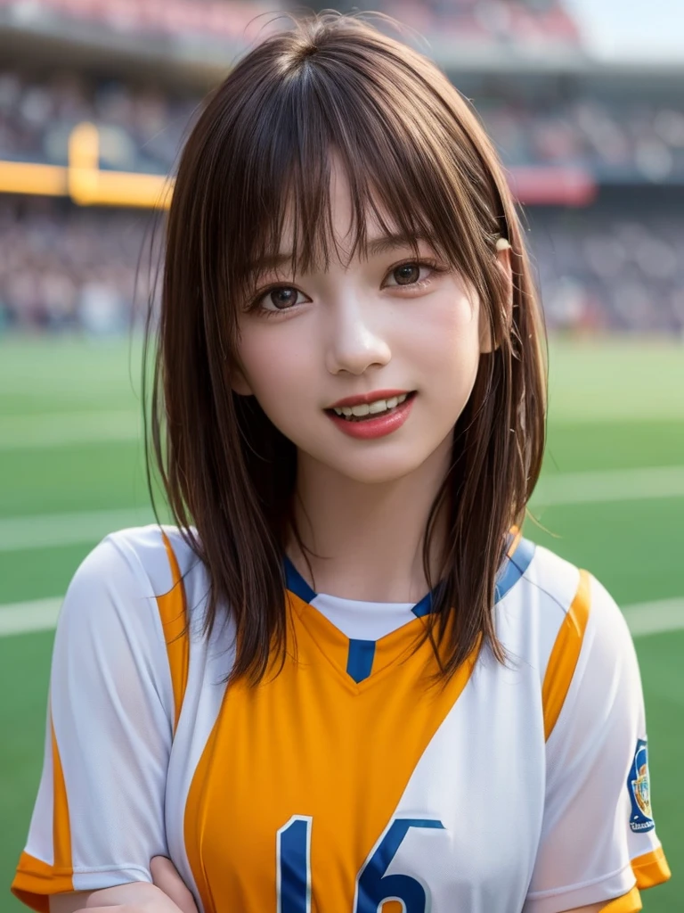 (Highest quality、8k、32K、masterpiece)、(Realistic)、(Realistic:1.2)、(High resolution)、Very detailed、Very beautiful face and eyes、(((Female solo shot)))、Frame In、Tight waist、(Highest quality、Attention to detail、Rich skin detail)、(Highest quality、8k、Oil paints:1.2)、(Realistic、Realistic:1.37)、Bright colors、(((Bust Shot)))、(((short hair)))、(((Laughter)))、(((Brown Hair)))、(((Soccer uniforms)))、(((ピンクのSoccer uniforms)))、(((Football Stadium)))、(((Enthusiastic audience)))、(((Uniform without lines)))、Short sleeve uniform、There are no lines on the sleeves、Guts pose