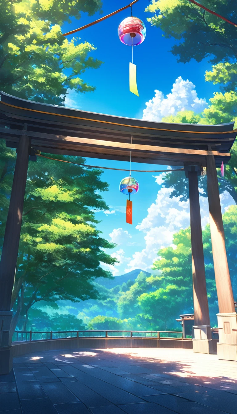 Extremely clear 8k wallpapers, Very delicate and detailed face:1.3, Absurd, masterpiece, pixiv Contest Winner, by Demiz Poska,Perfect Proportions,Scenery of the shrine grounds where the Wind Chime Festival is held, From the tower built on the approach to the shrine、Many glass and iron wind chimes are hanging from the ceiling.。, It sways in the breeze, making a pleasant noise.. Through the many wind chimes, you can see the clear blue sky without a single cloud.. ,Summer tree々The color is green.