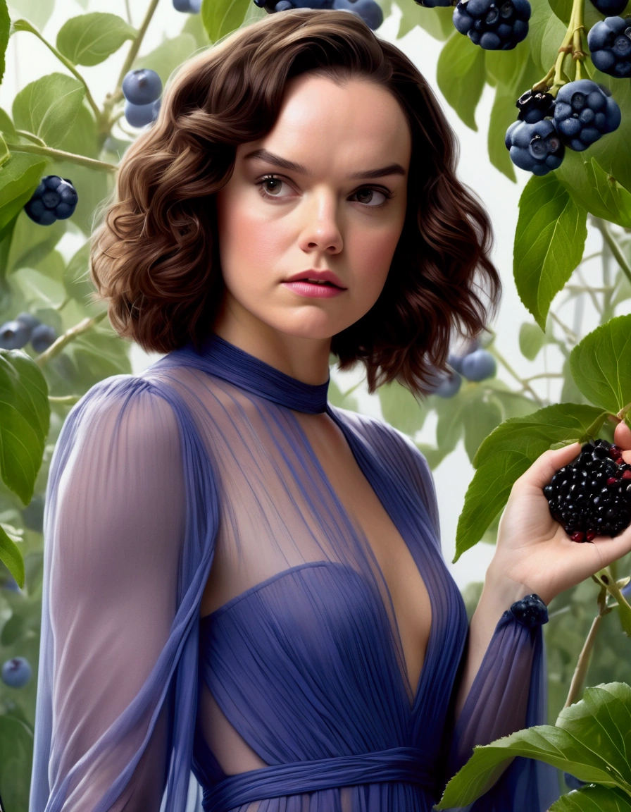 1girl (Daisy Ridley, age 25, sheer gown no underwear), trying hard to be attractive and sultry, ((blueberry,fruits)),white background, black hair,
