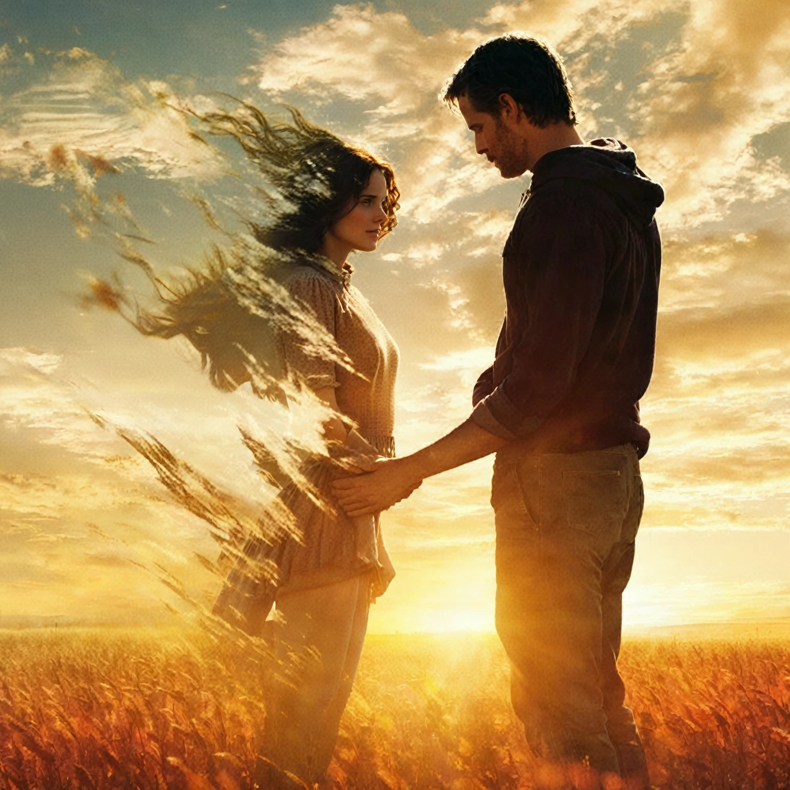 there is a man and a woman standing in a field, the most beautiful scene, wonderful scene, movie promotional image, cinematic movie image, warm beautiful scene, beautiful scene, the endless, 3d movie still, film promotional still, hd movie photo, double exposure of love, magical scene, cinematic movie still, movie film still, mark brooks and brad kunkle