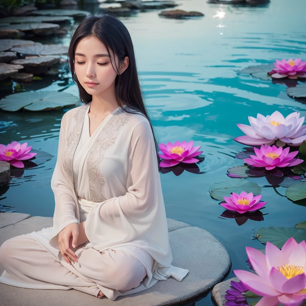 "Create a calming and serene profile picture for a meditation channel. The design should feature a peaceful and harmonious symbol, such as a lotus flower, a meditating figure, or an abstract representation of tranquility. Use soft, soothing colors like gentle blues, calming greens, and warm purples. The background should be subtle and dreamy, with gentle gradients or abstract patterns that evoke a sense of peace and relaxation. Incorporate elements like soft light glows or subtle sparkles to enhance the mystical and tranquil atmosphere. The overall effect should convey a sense of inner peace and serenity, making it a perfect fit for a meditation channel."