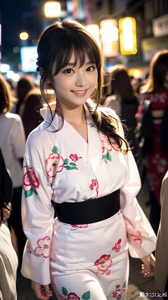 masterpiece, Highest quality,16K, Ultra-high resolution,The light and shadow of reality,((Enjoying a summer night festival in a long-sleeved pink floral yukata)),((The whole body is shown)),((Very skinny)),((Very slim and long beautiful thighs)),((Very slim and long beautiful calves)),((High nose、Small Mouth)),((Clean and slim face line)),((Big dark eyes with long eyelashes)),((Very small face))((Very slim and beautiful arms)),((She is very slim and has a great figure)),((Pure white beautiful skin)),((Cute Japanese Girls)),(Beautiful Eyes:1.1),Reflecting clear eyes and a gentle smile,