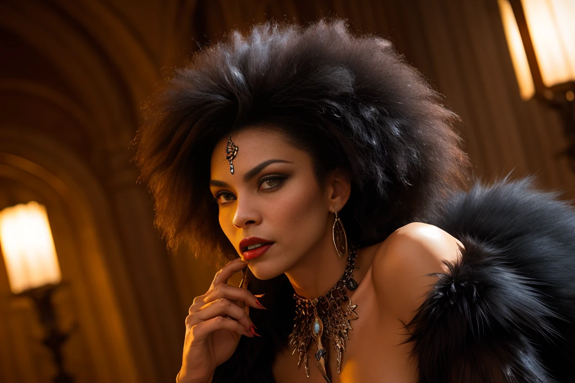 NSFW,Priscilla is a beautiful vampire., black fur, In the style of Boris Vallejo, high detailed vampire dress, high detail face, high detailed leather, mature athletic body, perfect proportions, Heavy metal aesthetics, dark vampire castle interior background, high quality, masterpiece, realistic photo, intricately detailed, 8k, HdR, shallow depth of field, wide light, high contrast, Backlight, light flares, sharp focus, Raw color photo, looking to the camera, cold colors, various poses