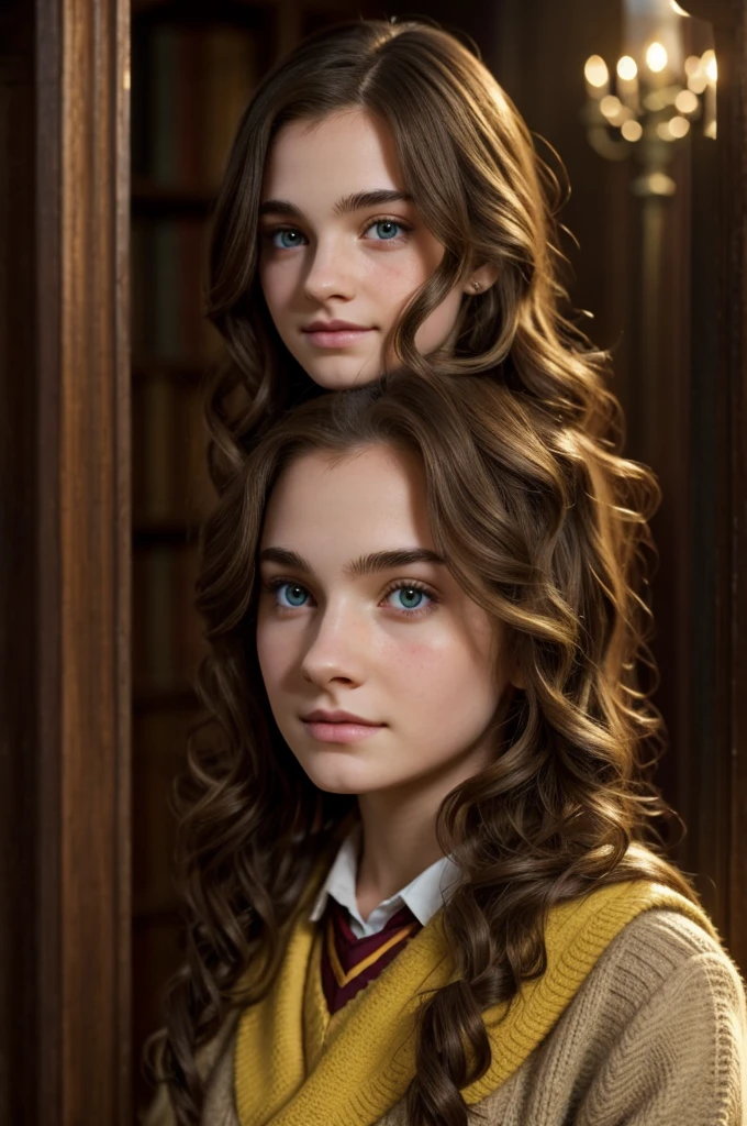 Create a Harry Potter student, his house is Hufflepuff, A girl, beautiful, Pale skin, light brown eyes, hair below the shoulder and wavy, a mole on the right cheek