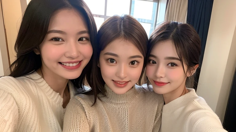 ((Highest quality))、((Super detailed))、(RAW Photos:1.2)、(High-resolution detailed face and eyes:1.4)、(Breasts tightly pressed against clothes)、(Selfie)、(((three women cuddling)))、20-year-old、Bedroom、Ultra-luxury hotel、Beautiful body lines、smile、Baby Face、Idol Pose、Japanese Supermodel、1 photo、A revealing sweater